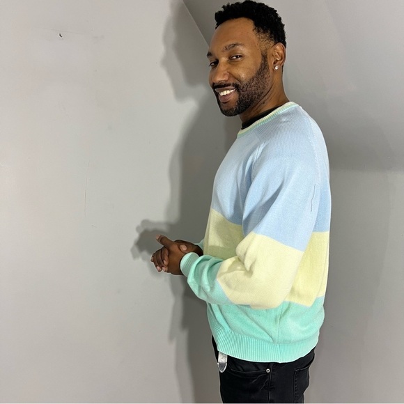 Vintage Knit Sweater Pastel Long Sleeve Cotton Top Blue Knit Shirt Crewneck - Picture 6 of 6